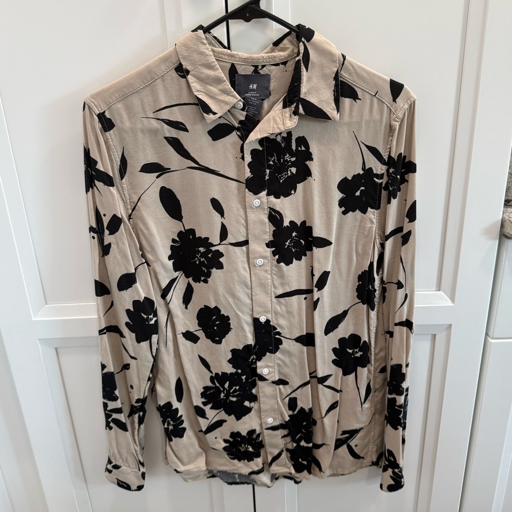 H&M tan long floral button up shirt